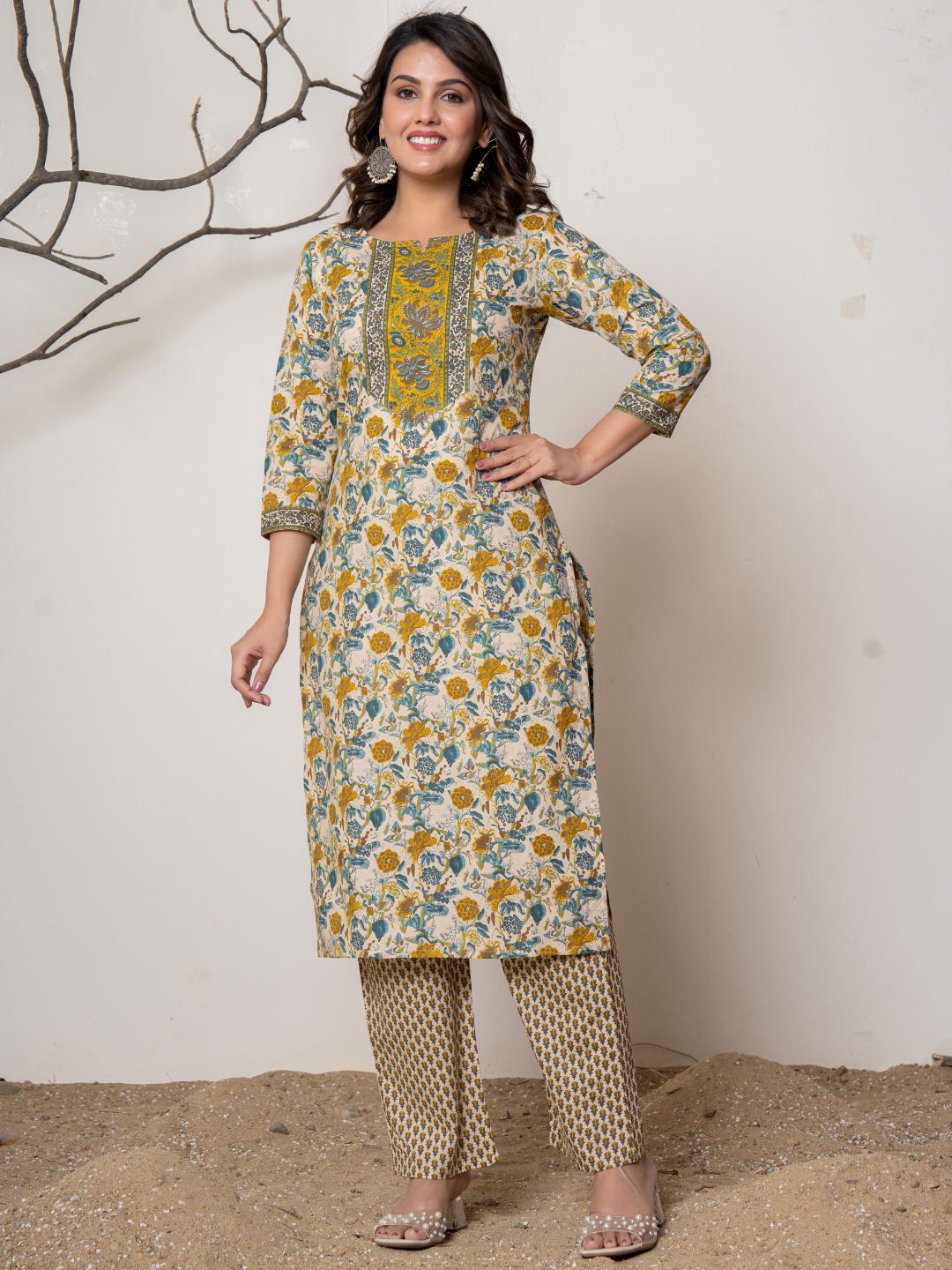 Cotton Printed Floral Print Combination Kurta with Pants Set - Mustard