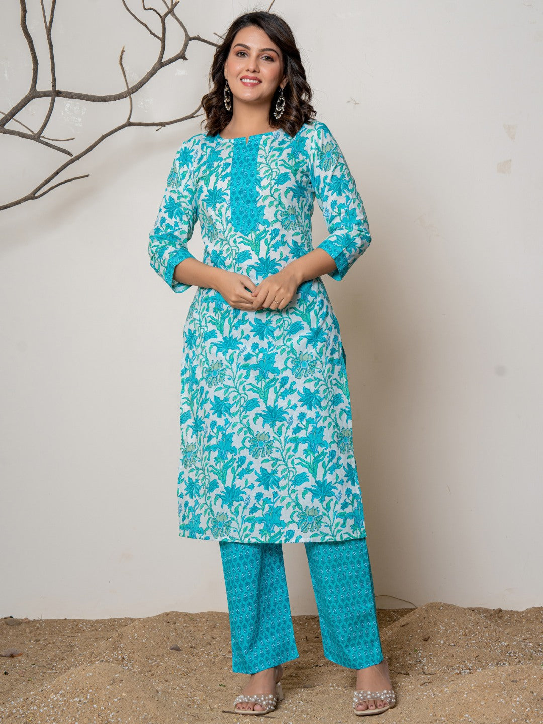 Cotton Printed Floral Print Combination Kurta with Pants Set - Turquoise