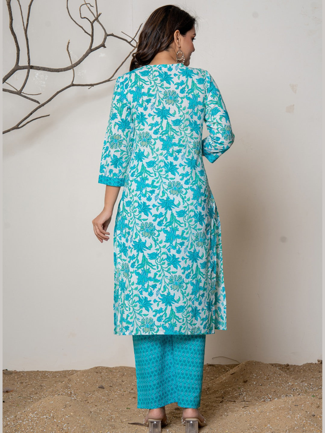 Cotton Printed Floral Print Combination Kurta with Pants Set - Turquoise