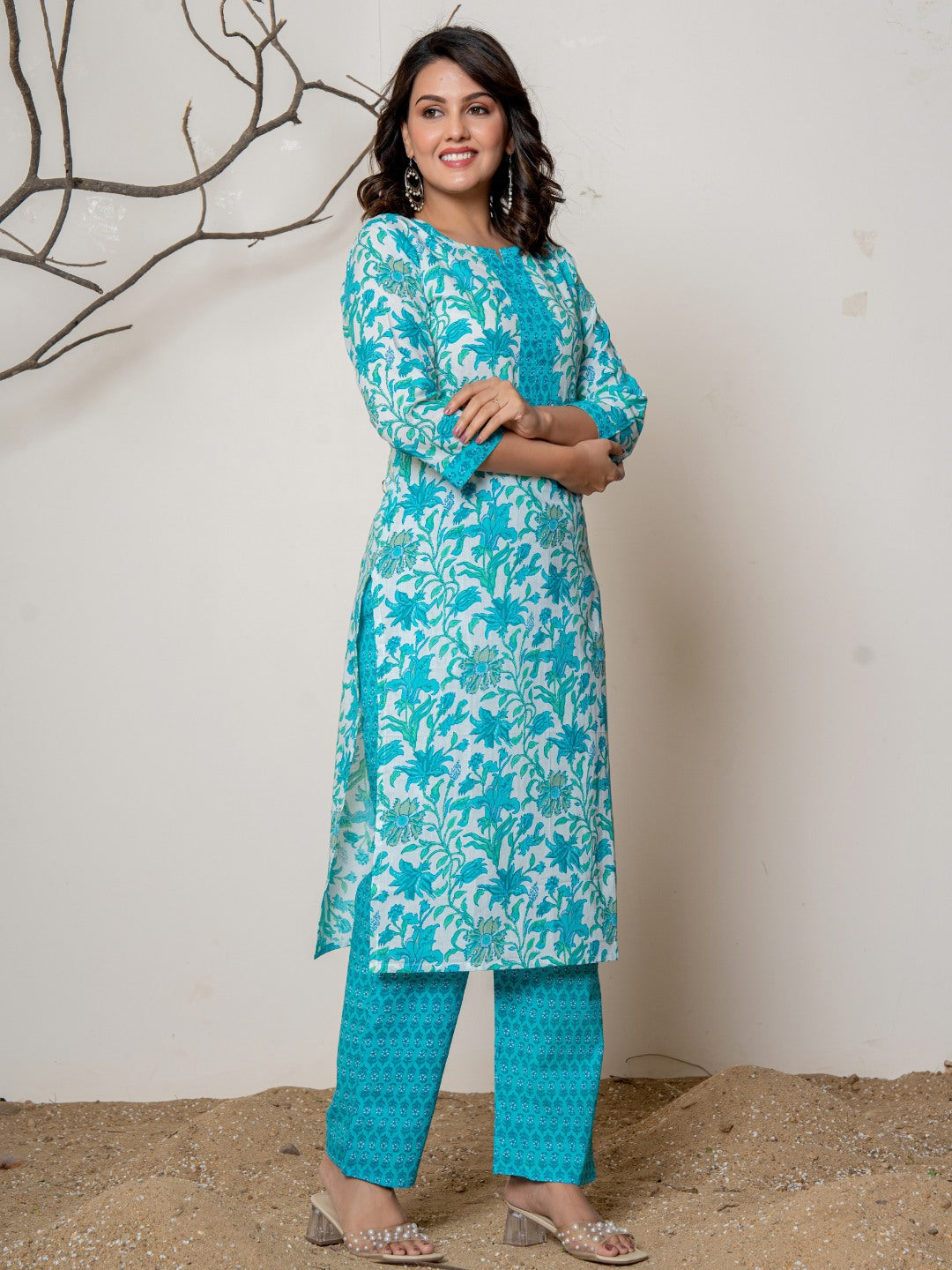 Cotton Printed Floral Print Combination Kurta with Pants Set - Turquoise