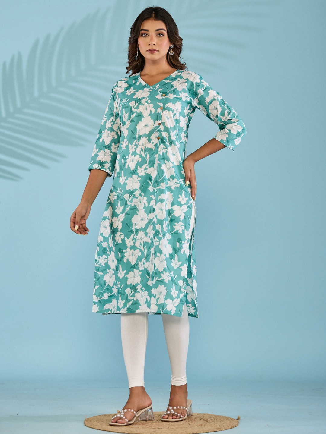 Cotton Printed Straight Kurta - Cyan