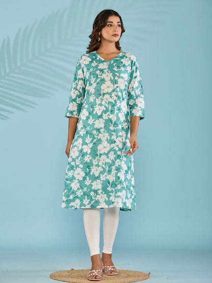 Cotton Printed Straight Kurta - Cyan