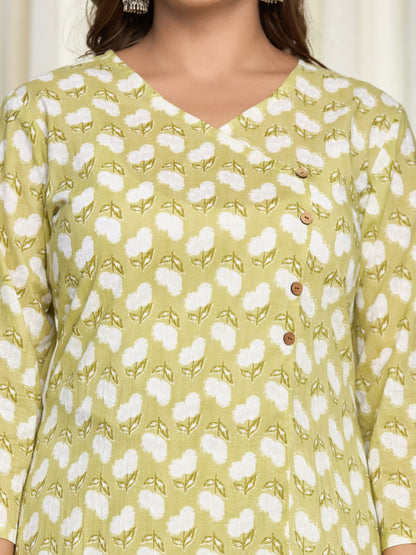 Cotton Printed Straight Kurta - Green
