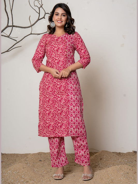 Cotton Printed Angrakha Style Kurta with Pants Set - Pink