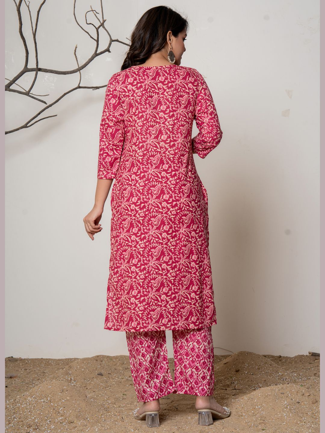 Cotton Printed Angrakha Style Kurta with Pants Set - Pink