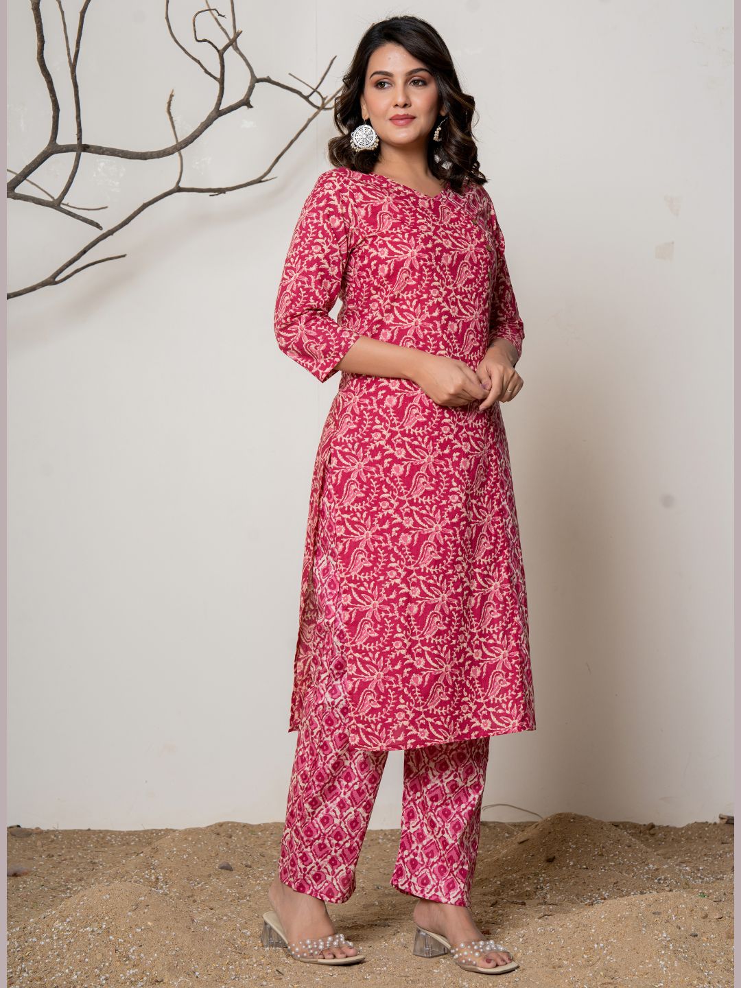 Cotton Printed Angrakha Style Kurta with Pants Set - Pink