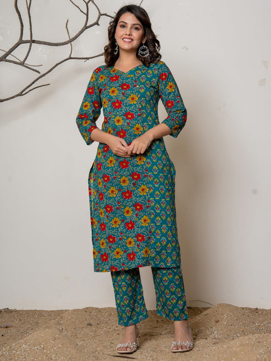Cotton Printed Angrakha Style Kurta with Pants Set - Sea Green
