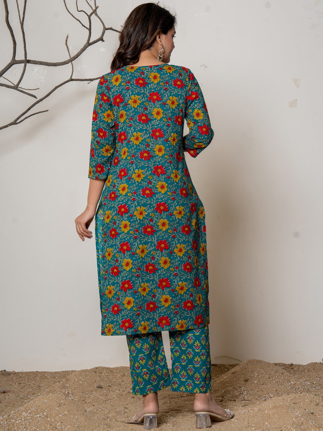 Cotton Printed Angrakha Style Kurta with Pants Set - Sea Green