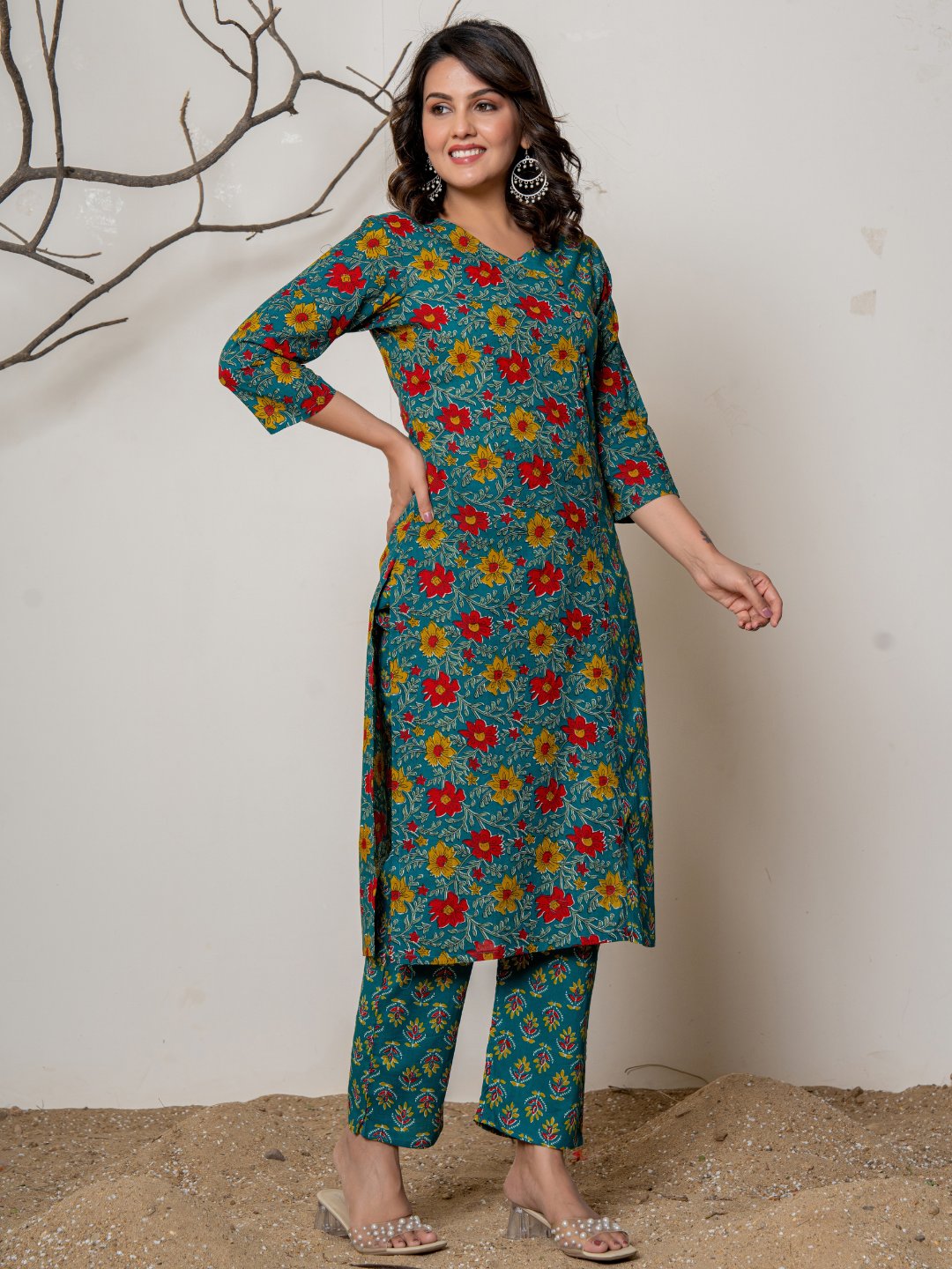 Cotton Printed Angrakha Style Kurta with Pants Set - Sea Green