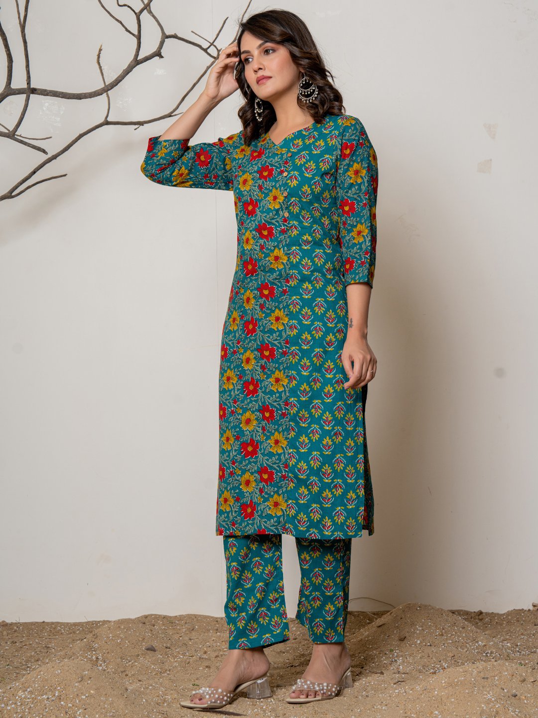 Cotton Printed Angrakha Style Kurta with Pants Set - Sea Green