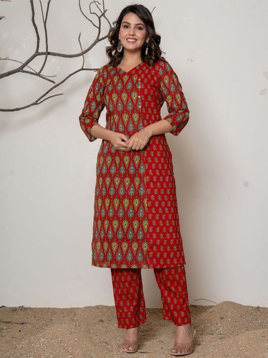Cotton Printed Angrakha Style Kurta with Pants Set - Red
