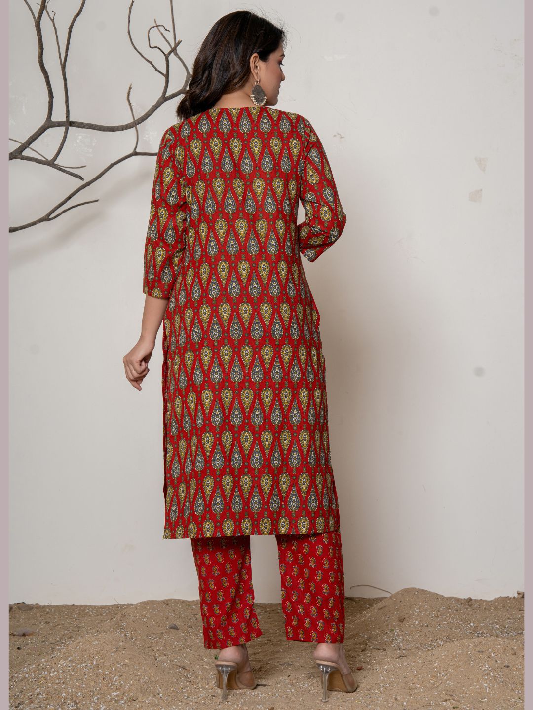 Cotton Printed Angrakha Style Kurta with Pants Set - Red