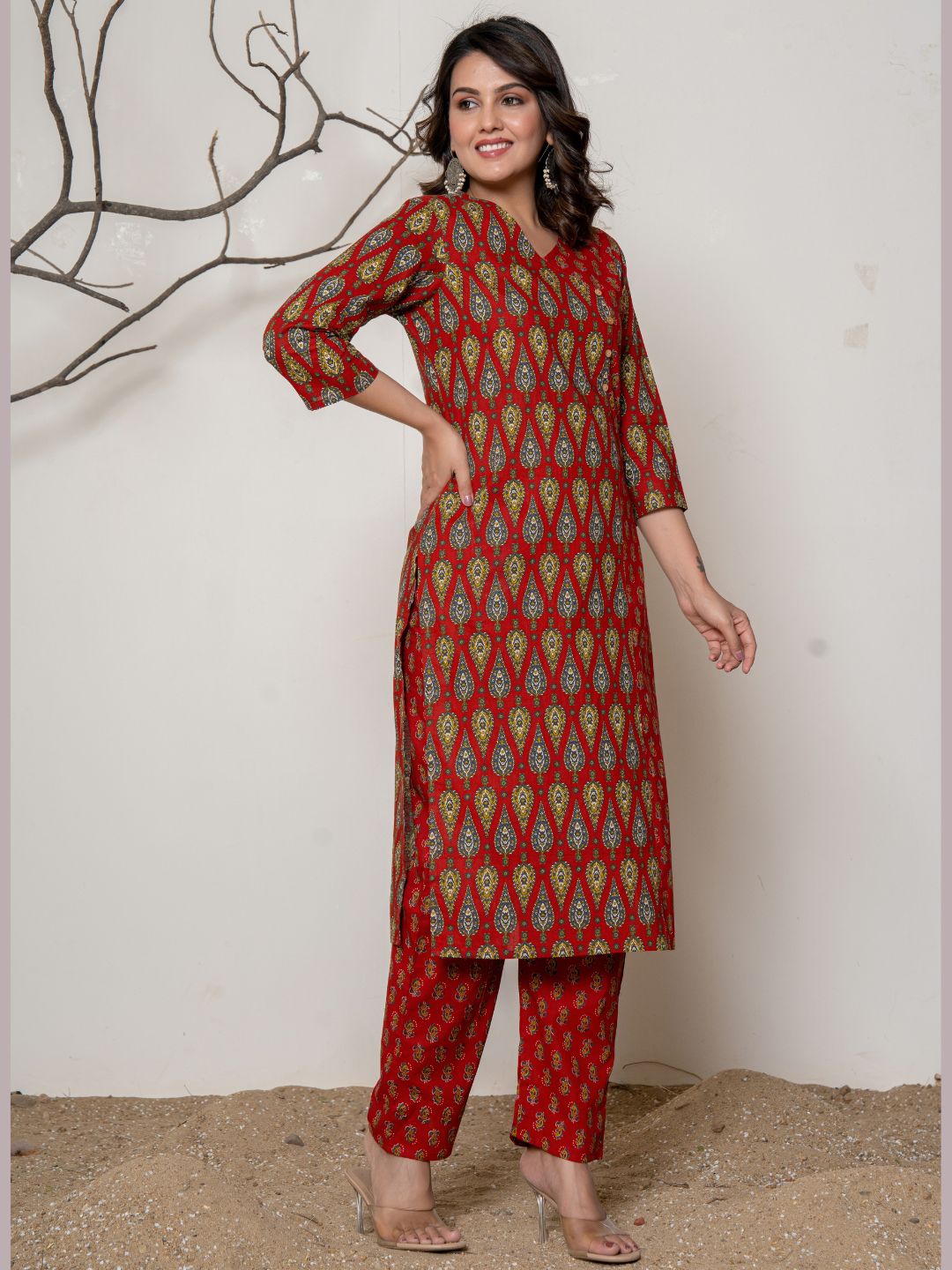 Cotton Printed Angrakha Style Kurta with Pants Set - Red