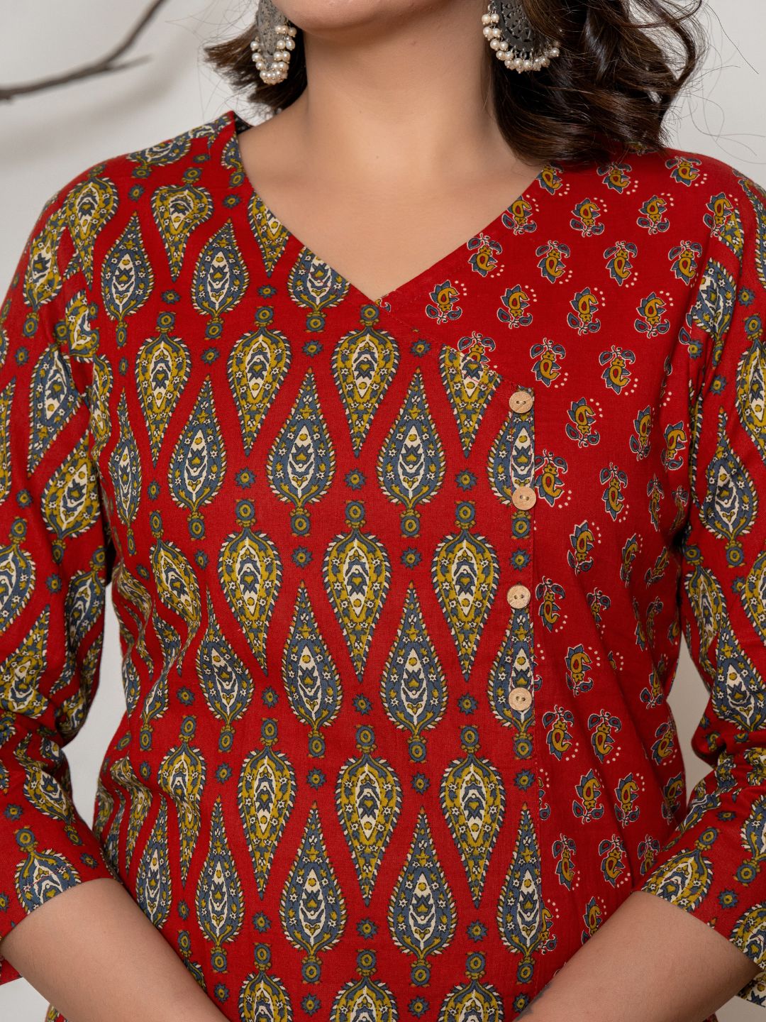 Cotton Printed Angrakha Style Kurta with Pants Set - Red