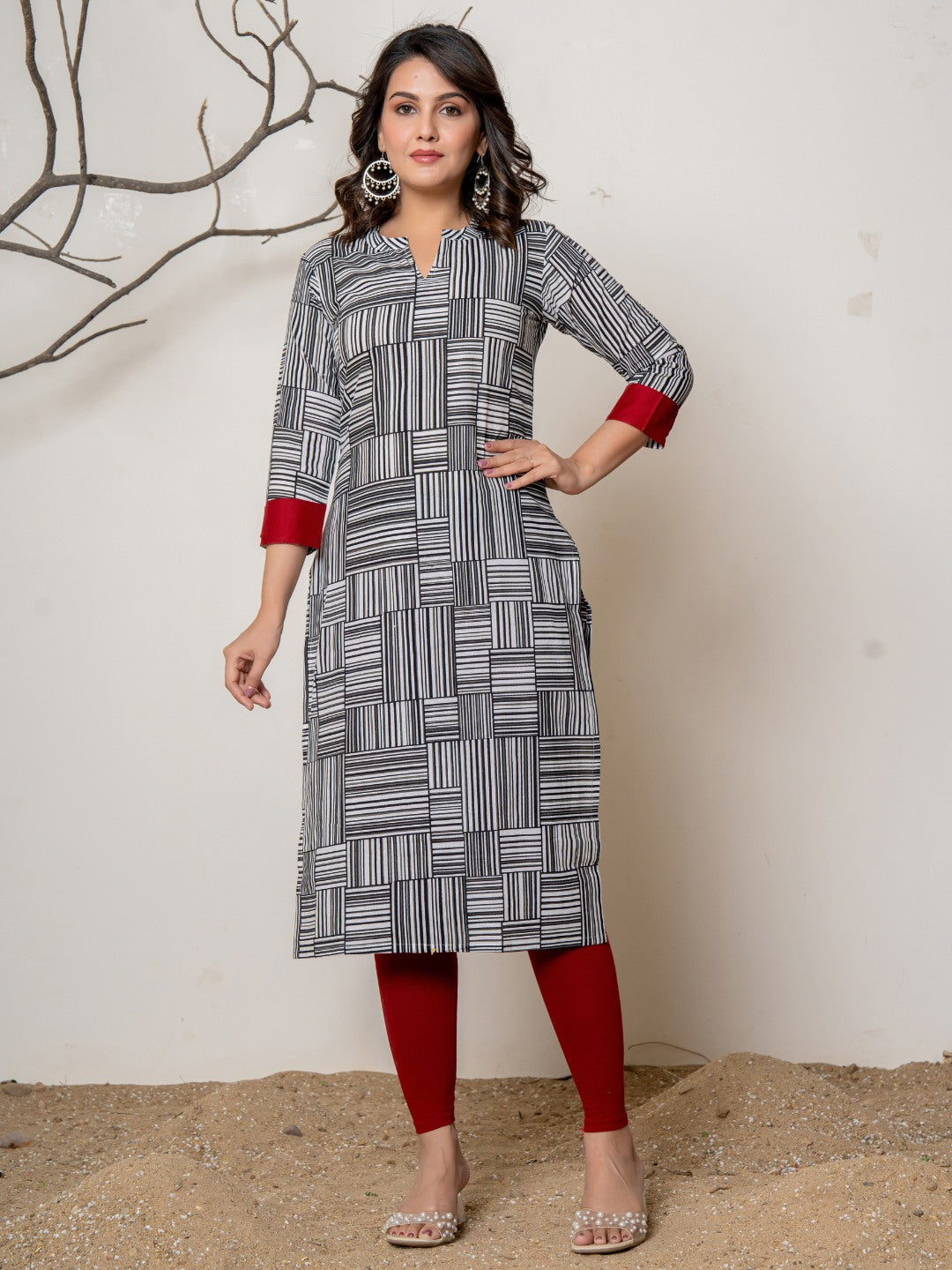 Pure Cotton Printed Collared Kurta - Black & White