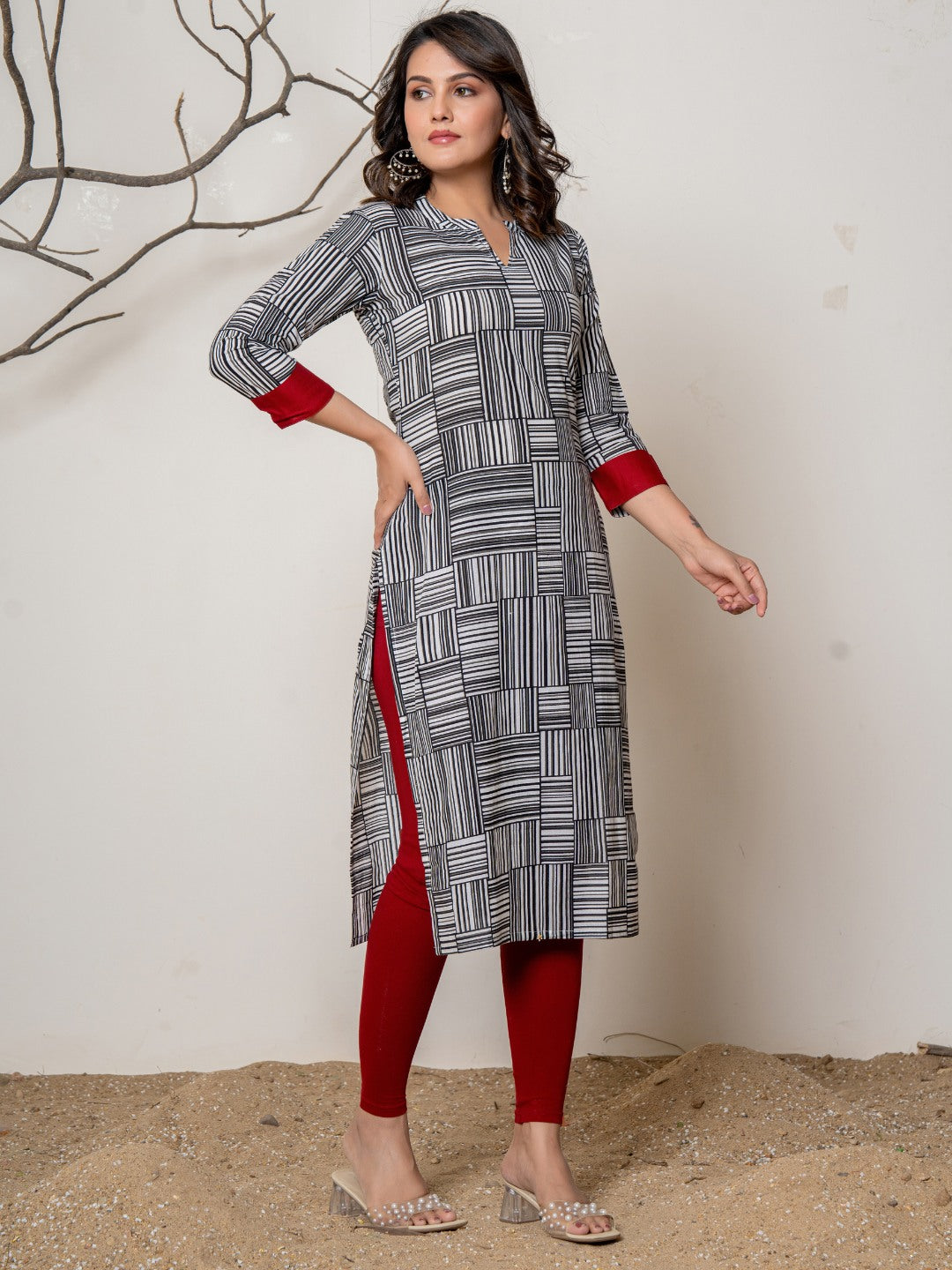 Pure Cotton Printed Collared Kurta - Black & White