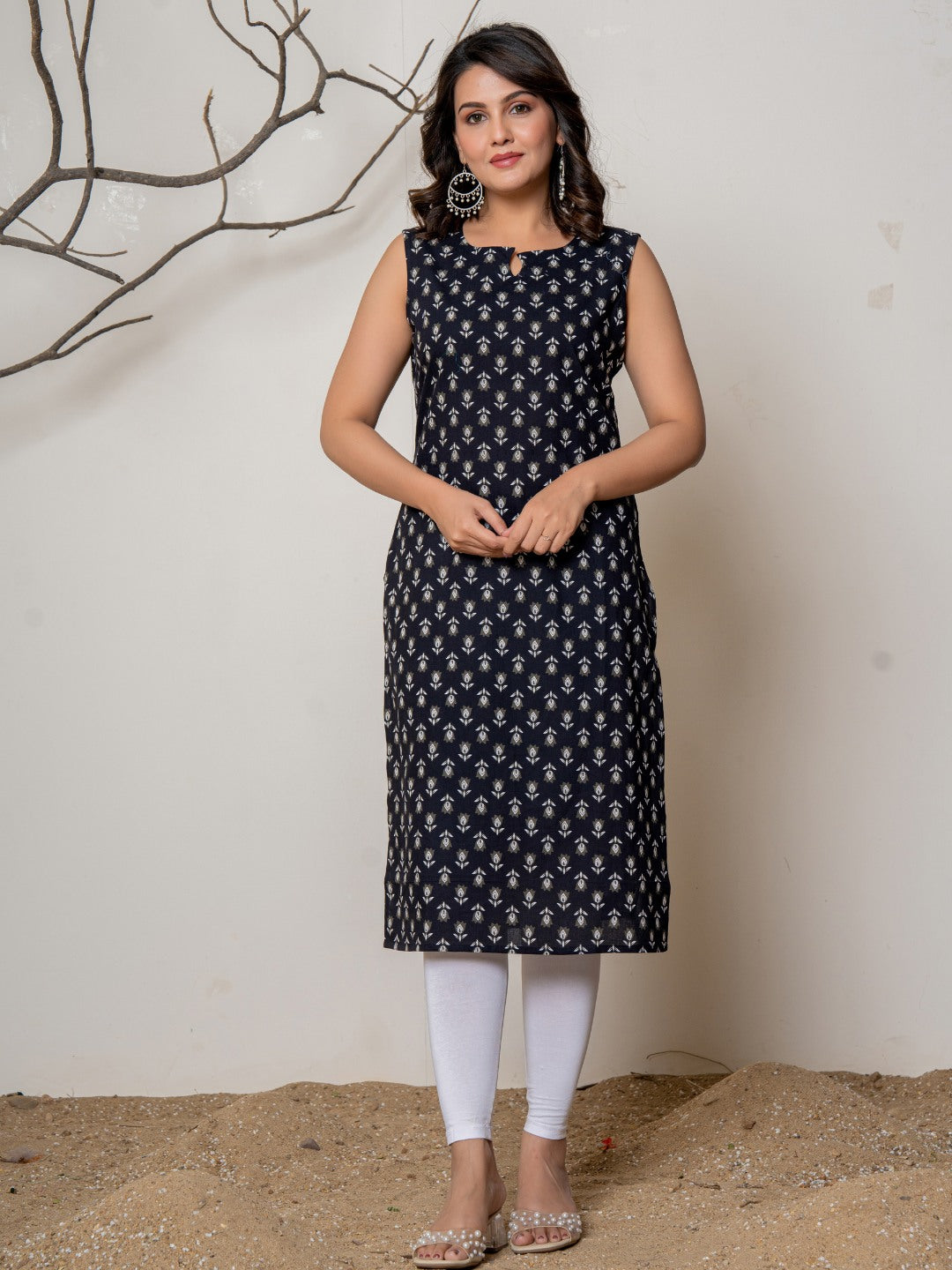 Pure Cotton Printed Sleeveless Kurta - Black Booti