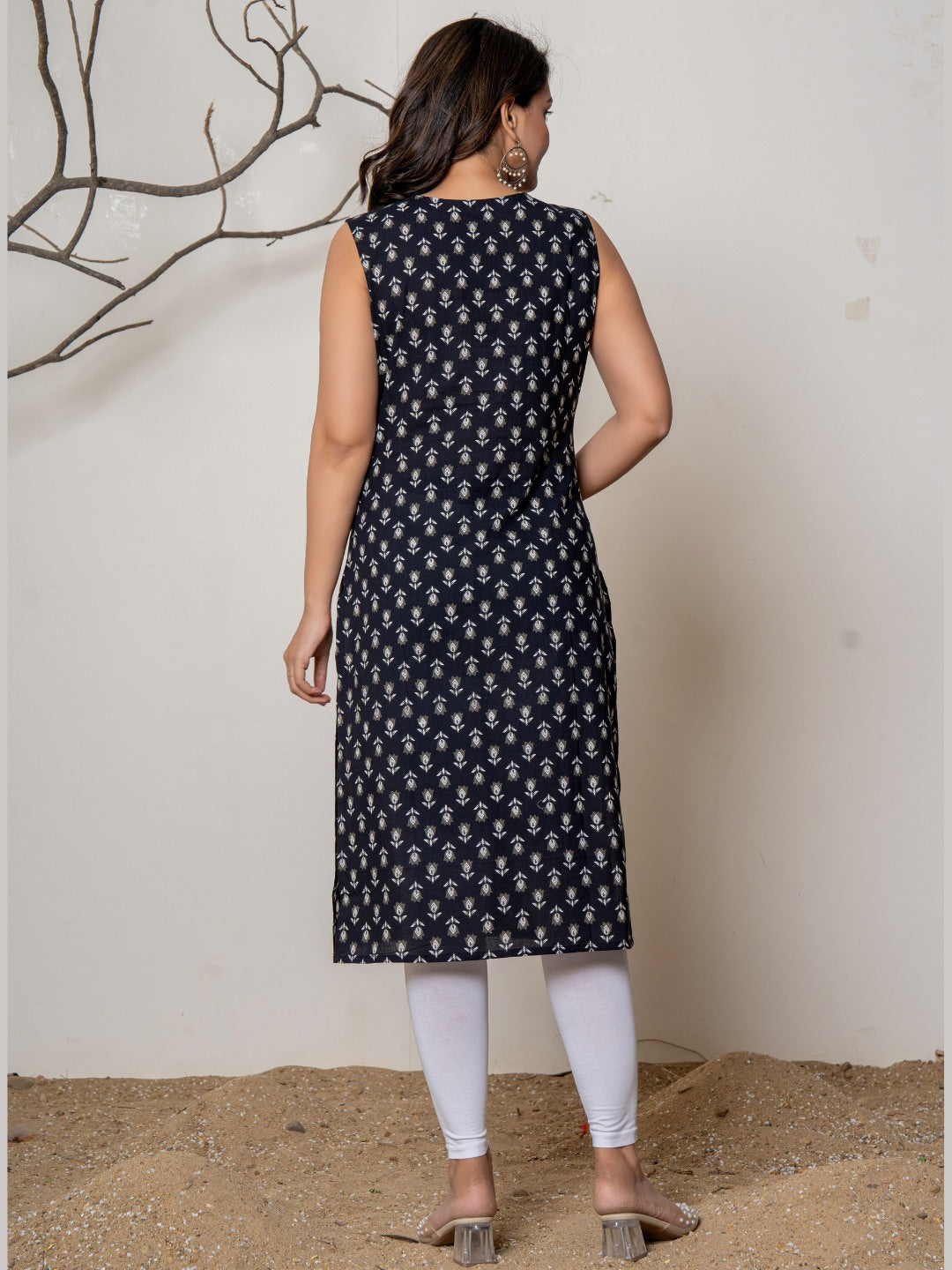 Pure Cotton Printed Sleeveless Kurta - Black Booti