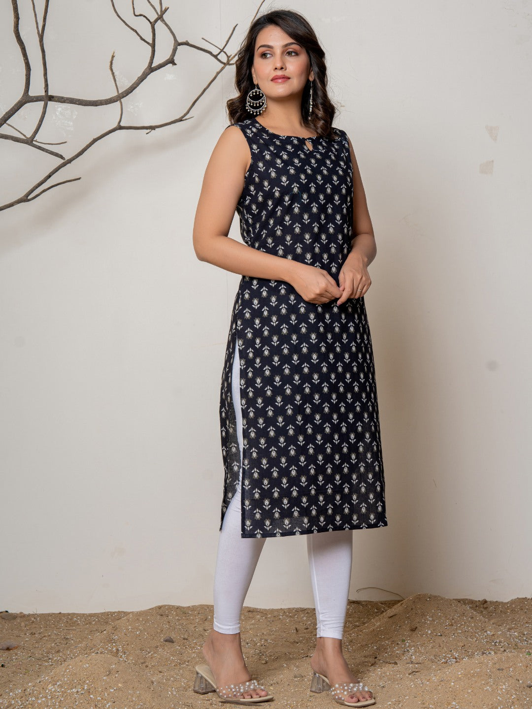 Pure Cotton Printed Sleeveless Kurta - Black Booti