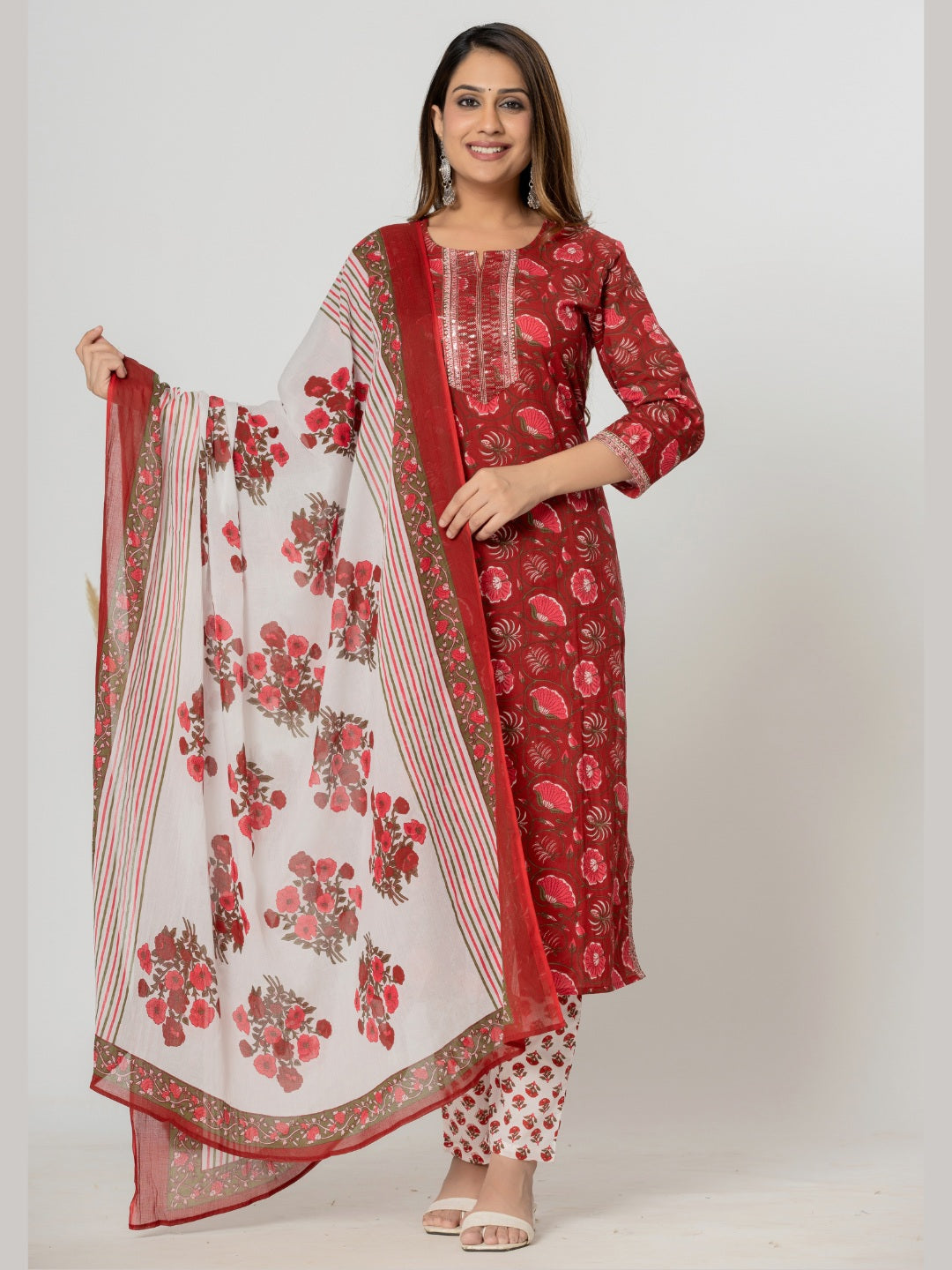 Floral Print Embroidered Kurta, Pant, Dupatta Set - Red