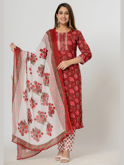 Floral Print Embroidered Kurta, Pant, Dupatta Set - Red