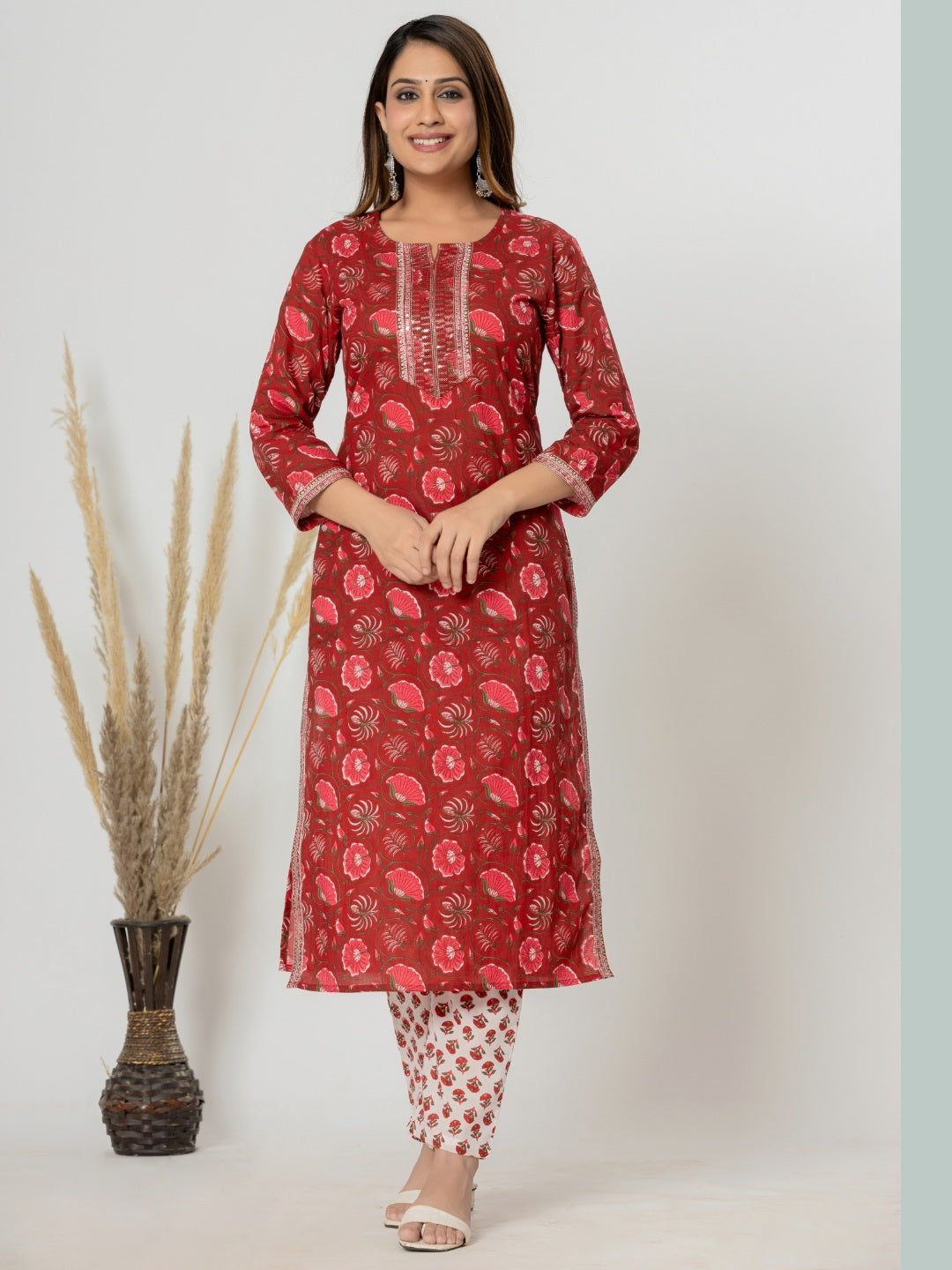 Floral Print Embroidered Kurta, Pant, Dupatta Set - Red