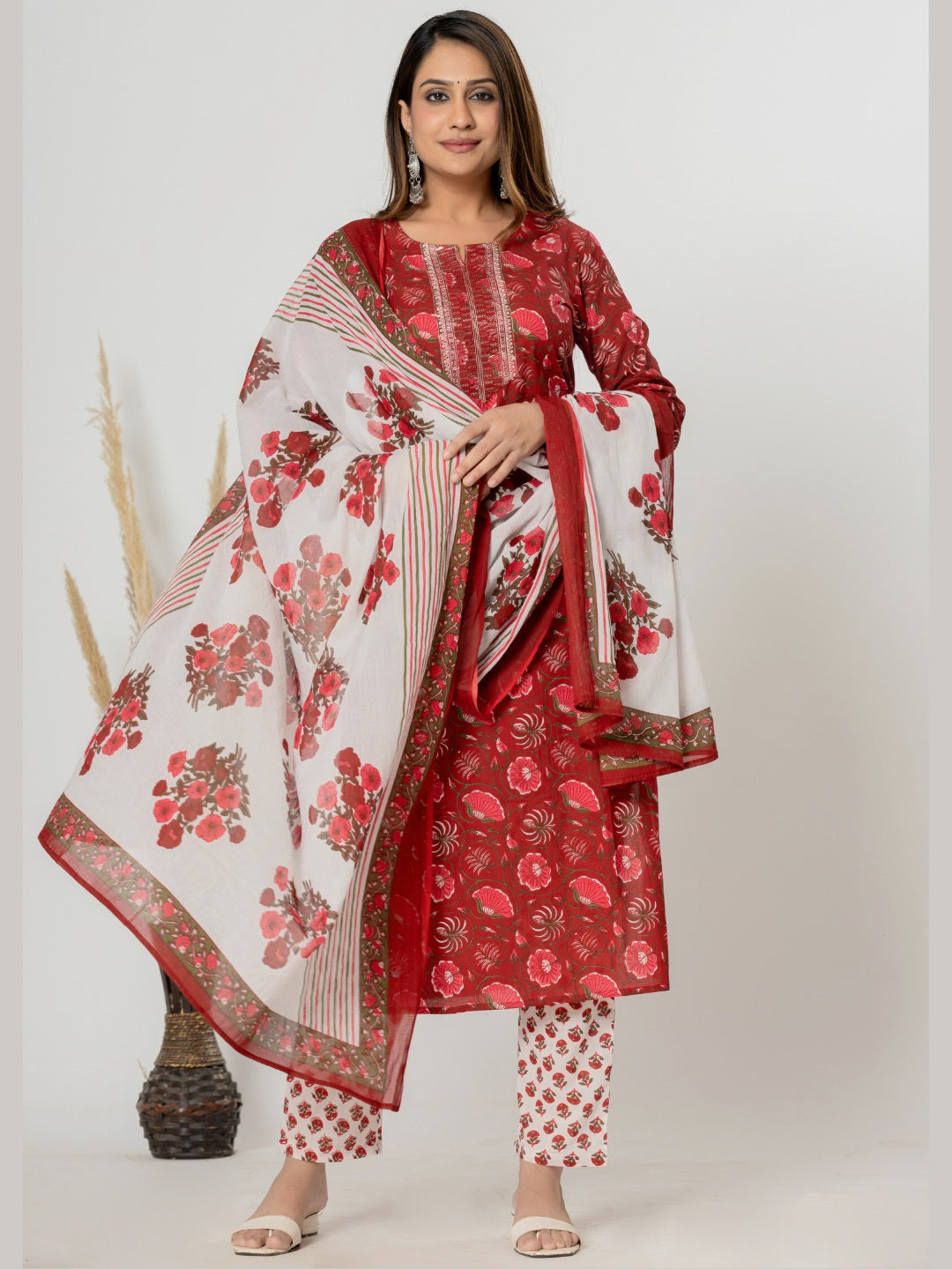 Floral Print Embroidered Kurta, Pant, Dupatta Set - Red