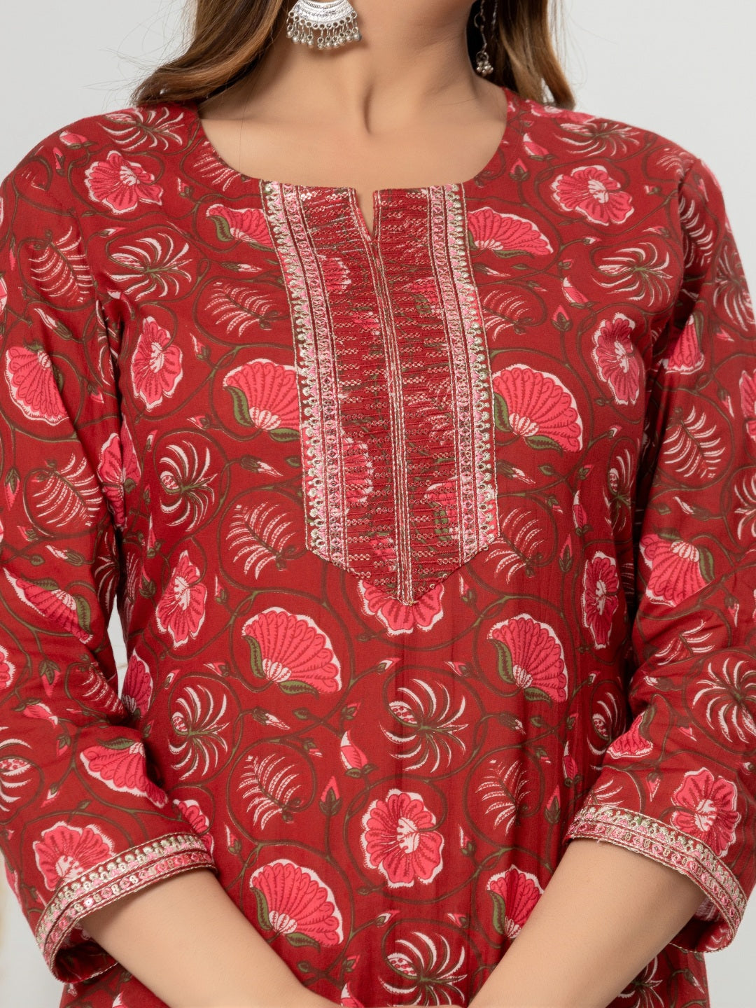 Floral Print Embroidered Kurta, Pant, Dupatta Set - Red