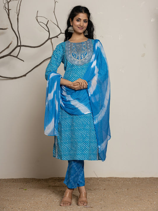 Lehariya Bandhani Print Embroidered Kurta, Pant, Dupatta Set - Blue