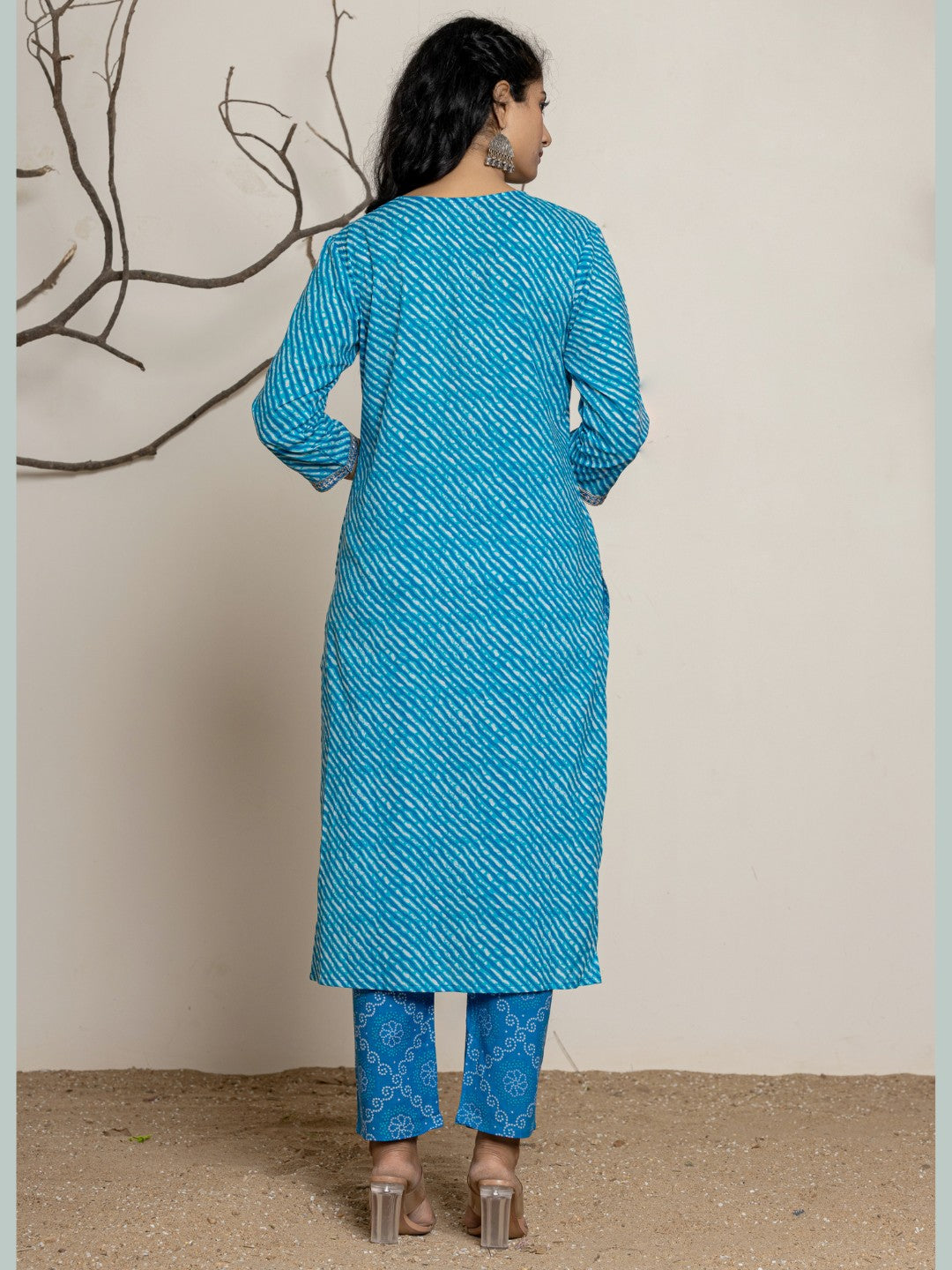 Lehariya Bandhani Print Embroidered Kurta, Pant, Dupatta Set - Blue