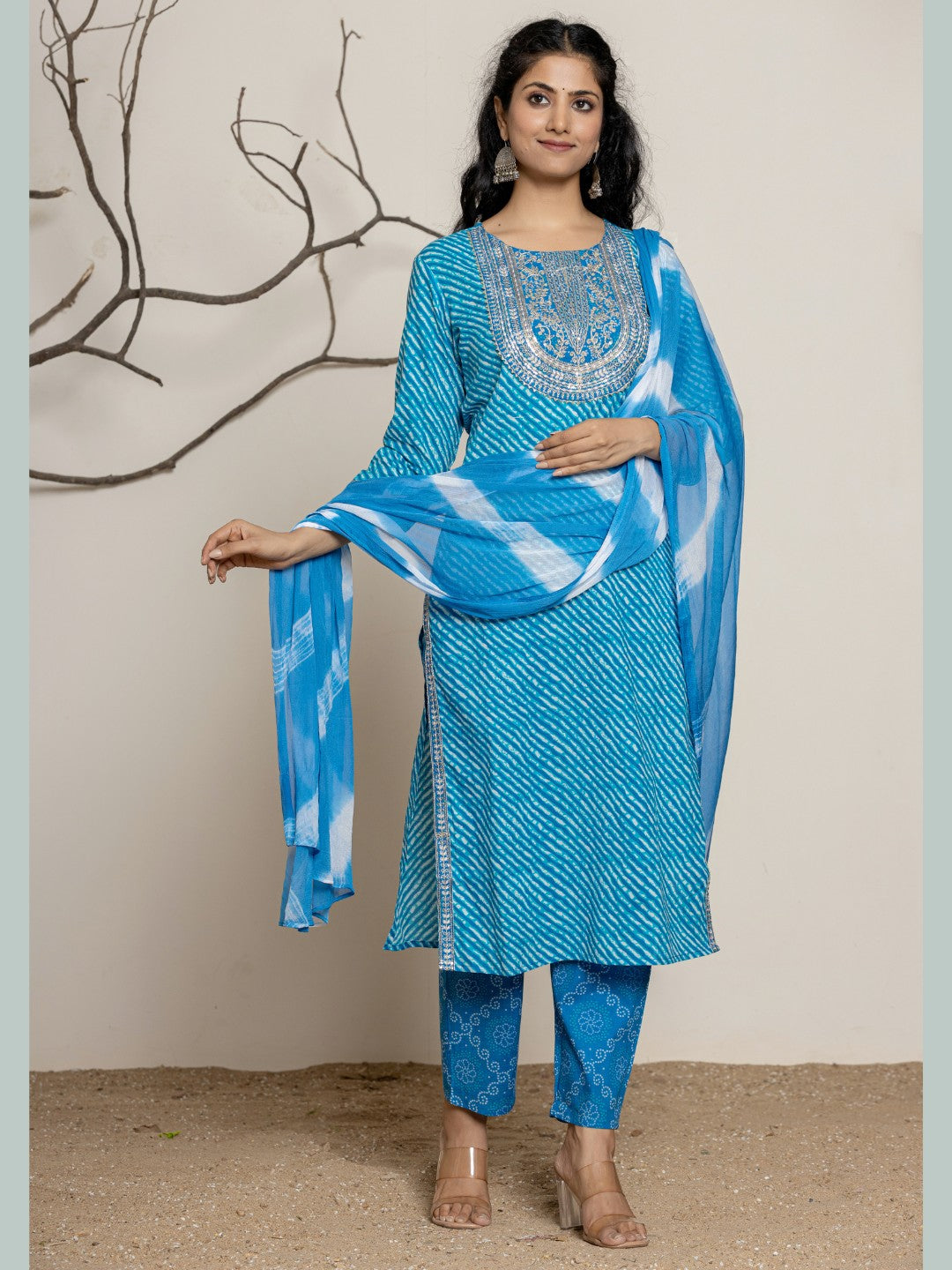 Lehariya Bandhani Print Embroidered Kurta, Pant, Dupatta Set - Blue