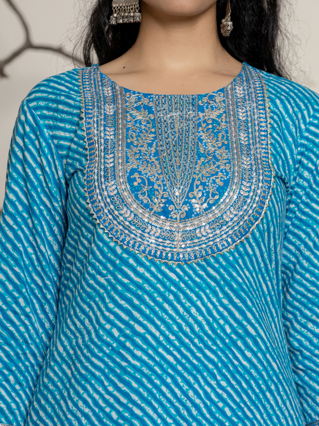 Lehariya Bandhani Print Embroidered Kurta, Pant, Dupatta Set - Blue