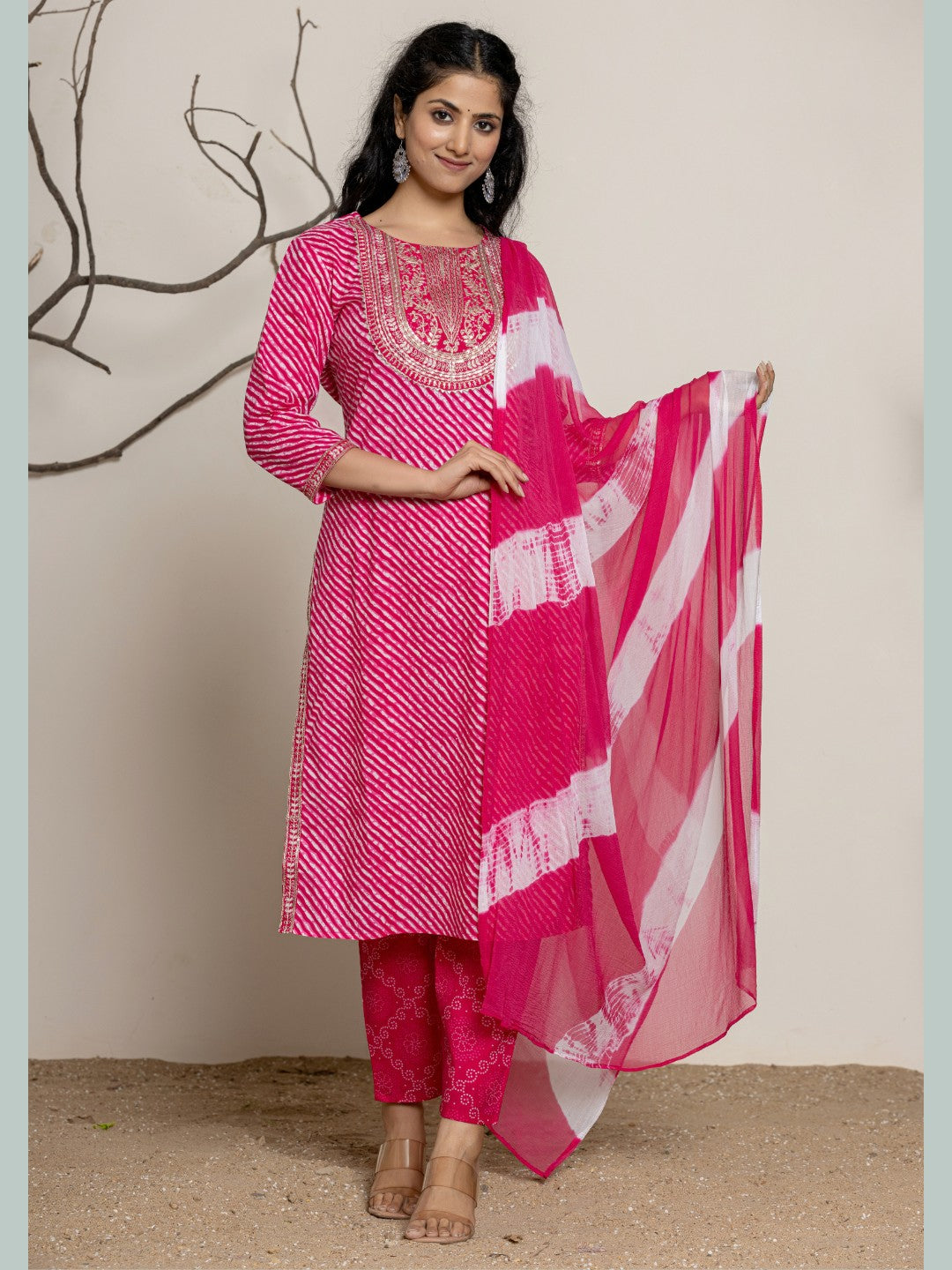 Lehariya Bandhani Print Embroidered Kurta, Pant, Dupatta Set - Pink