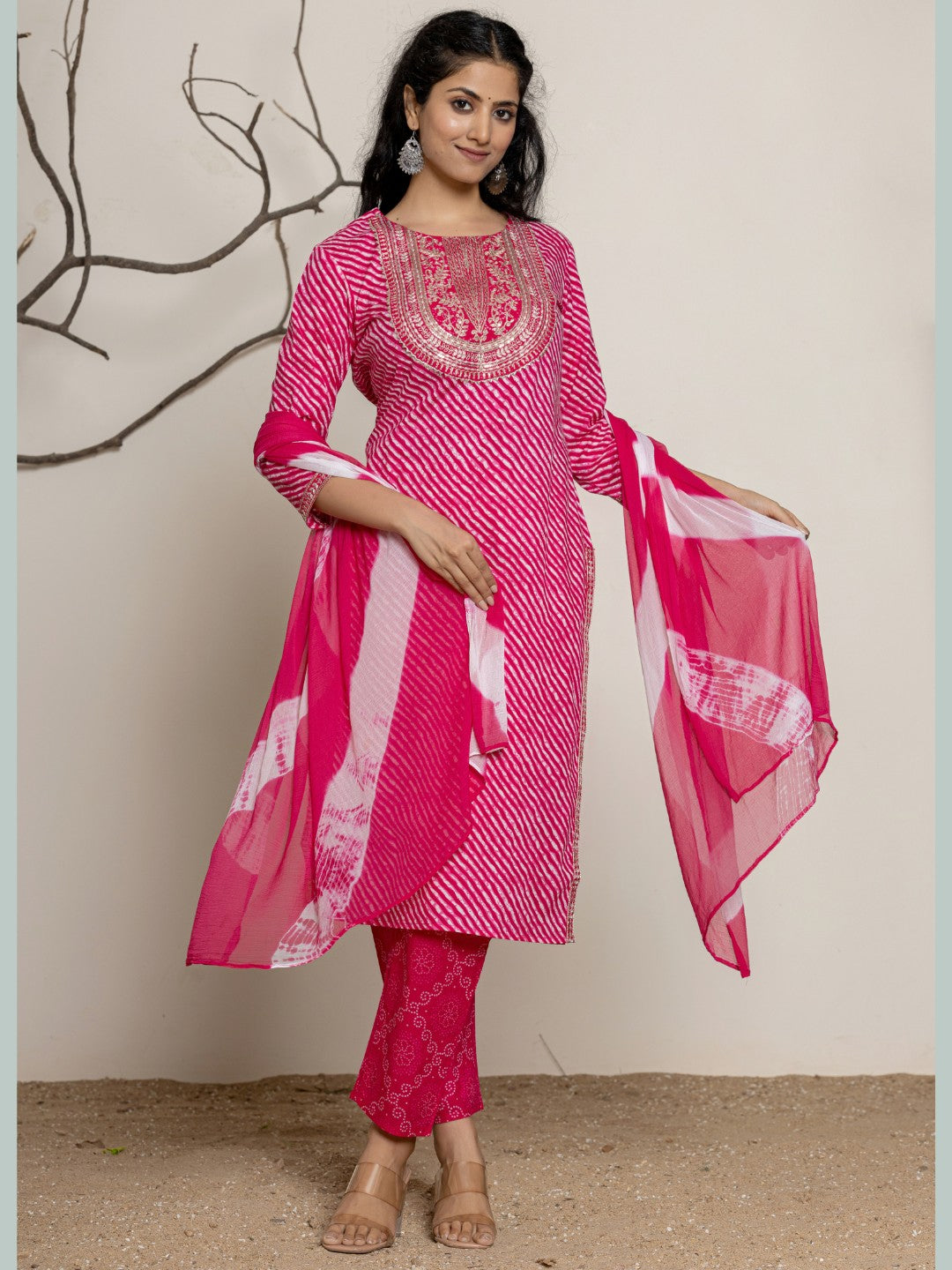 Lehariya Bandhani Print Embroidered Kurta, Pant, Dupatta Set - Pink