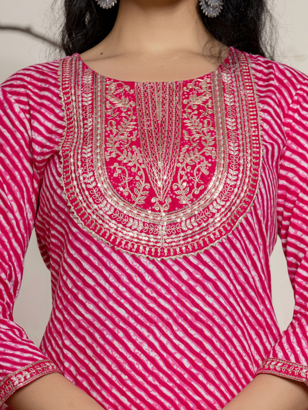 Lehariya Bandhani Print Embroidered Kurta, Pant, Dupatta Set - Pink