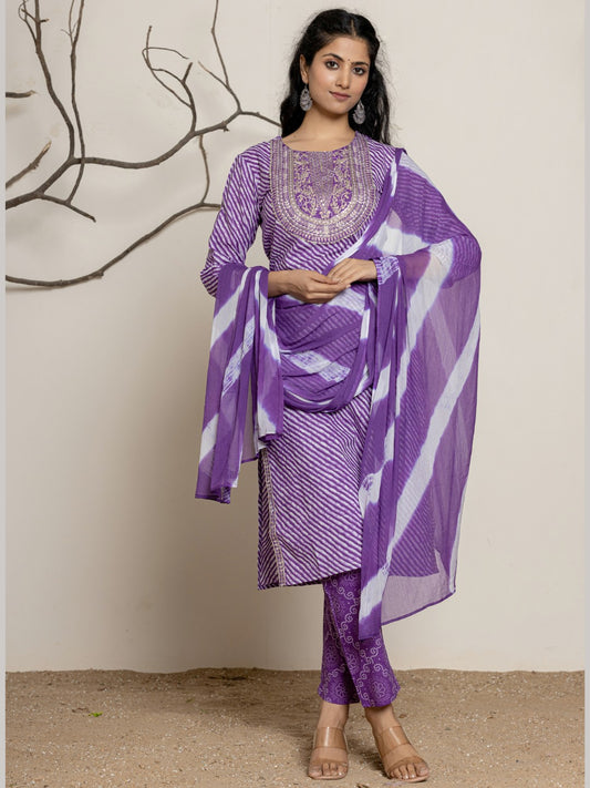 Lehariya Bandhani Print Embroidered Kurta, Pant, Dupatta Set - Violet