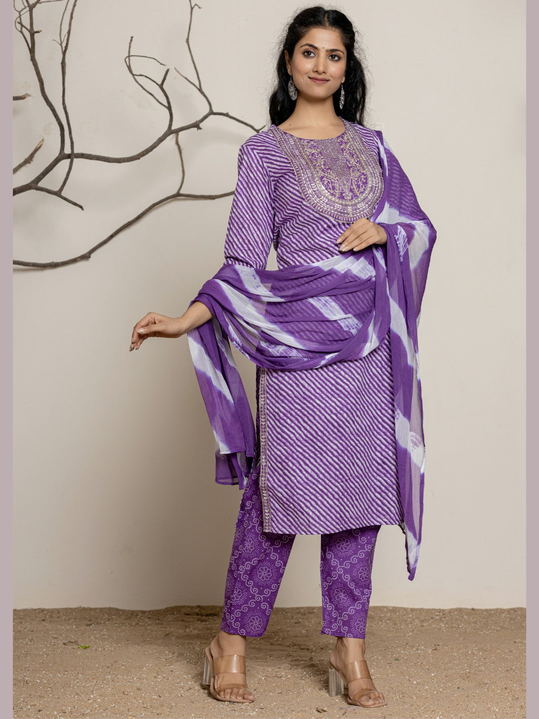 Lehariya Bandhani Print Embroidered Kurta, Pant, Dupatta Set - Violet