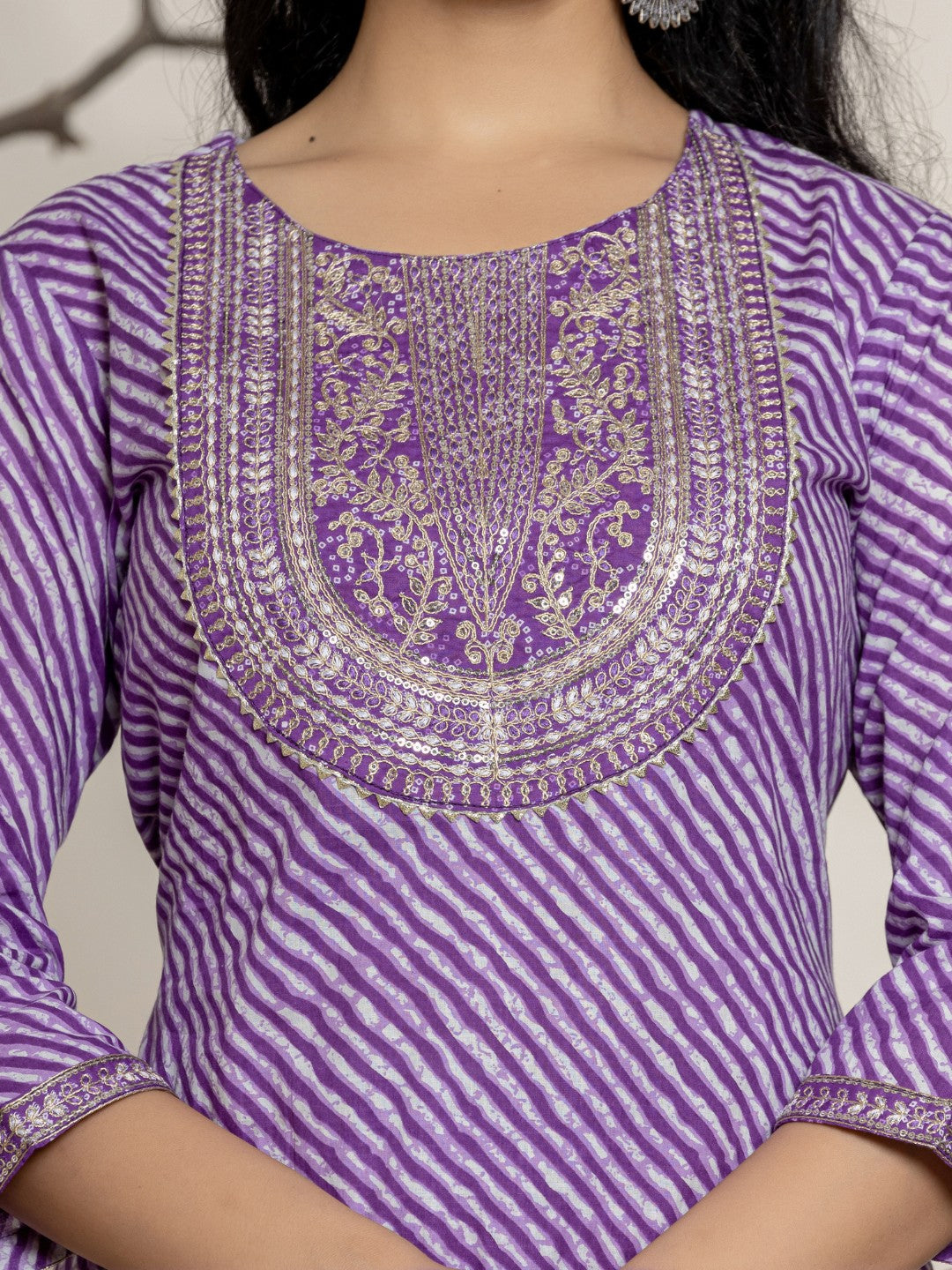 Lehariya Bandhani Print Embroidered Kurta, Pant, Dupatta Set - Violet