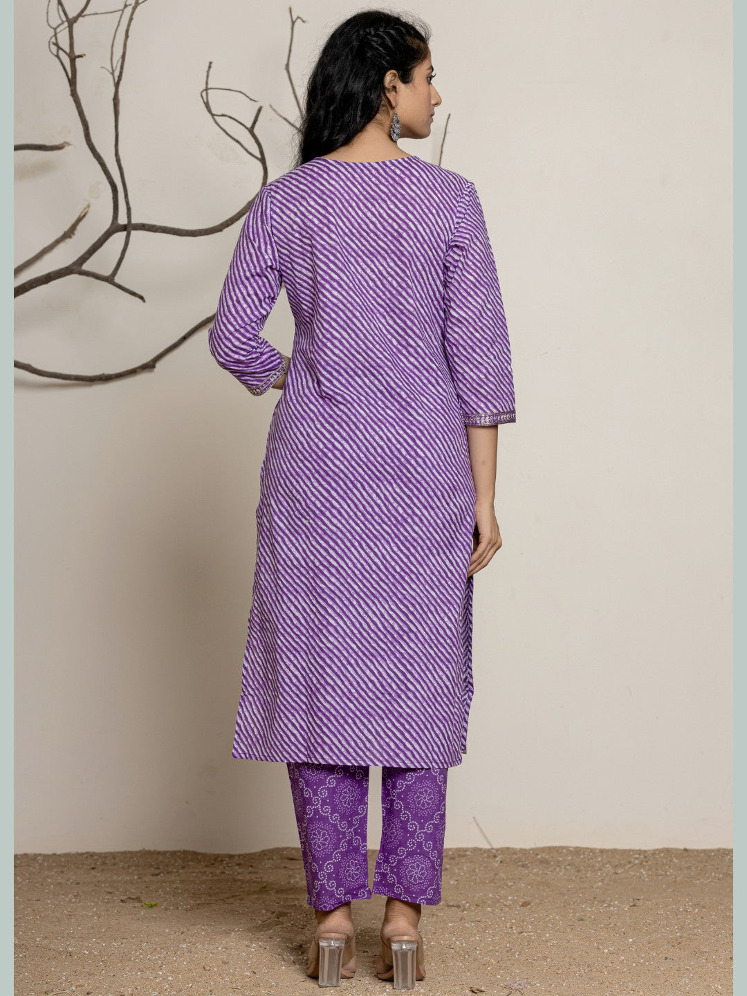 Lehariya Bandhani Print Embroidered Kurta, Pant, Dupatta Set - Violet