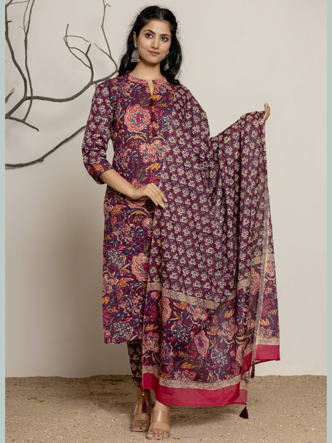 Floral Print Sequin Embroidered Kurta, Pant, Dupatta Set - Wine