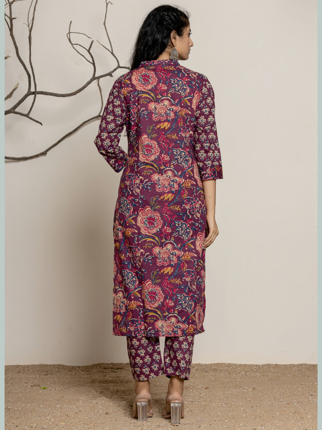 Floral Print Sequin Embroidered Kurta, Pant, Dupatta Set - Wine