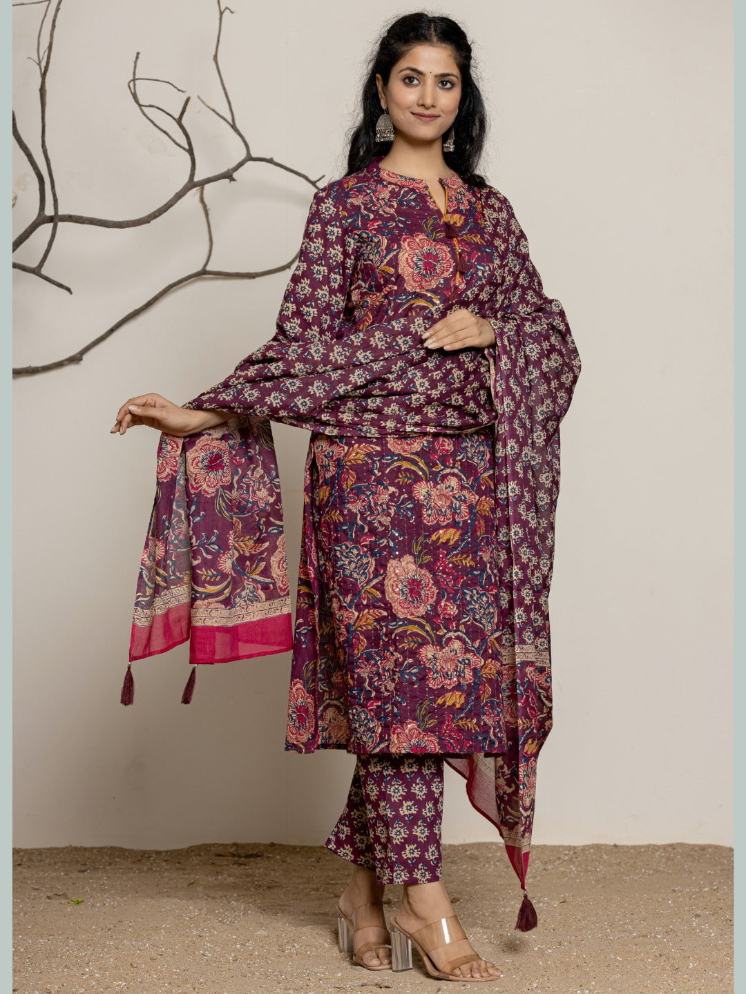 Floral Print Sequin Embroidered Kurta, Pant, Dupatta Set - Wine