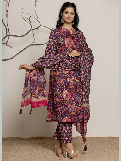 Floral Print Sequin Embroidered Kurta, Pant, Dupatta Set - Wine