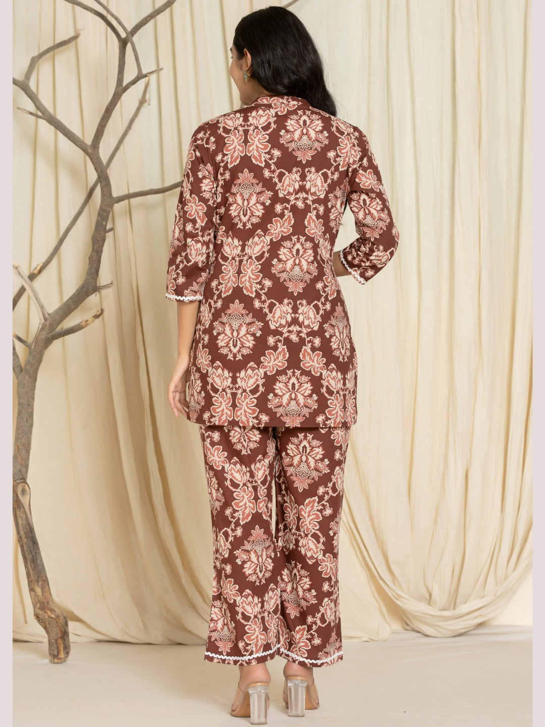 Floral Print Pure Cotton Collared Top and Pants Co-ord Set - Brown