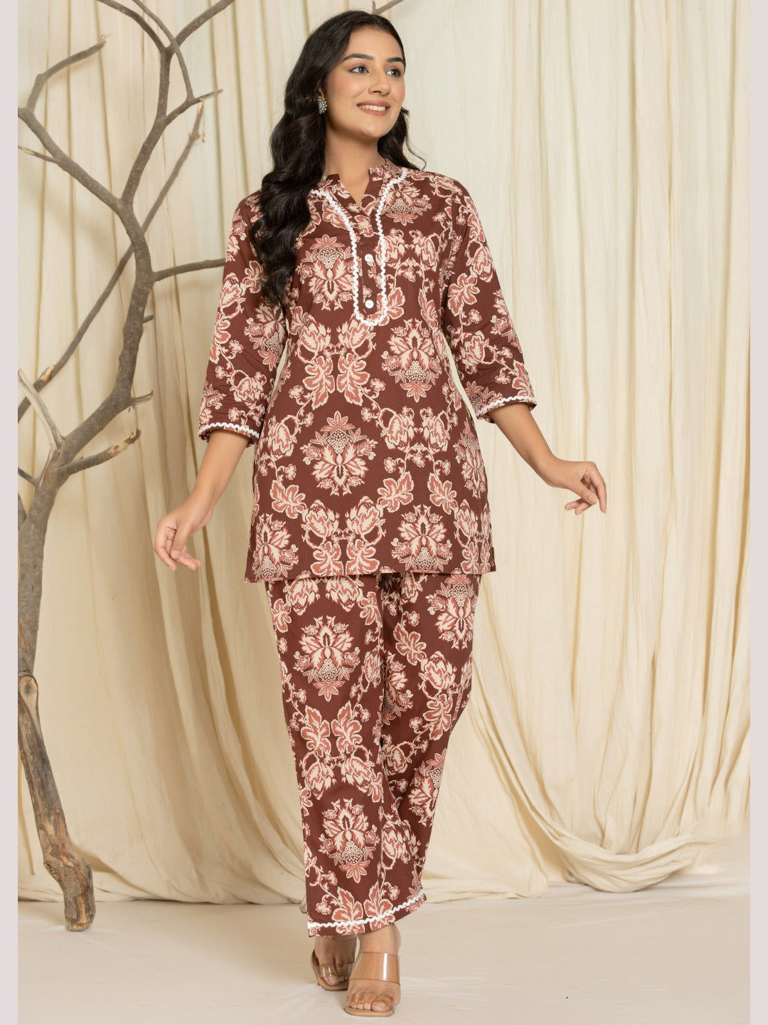 Floral Print Pure Cotton Collared Top and Pants Co-ord Set - Brown