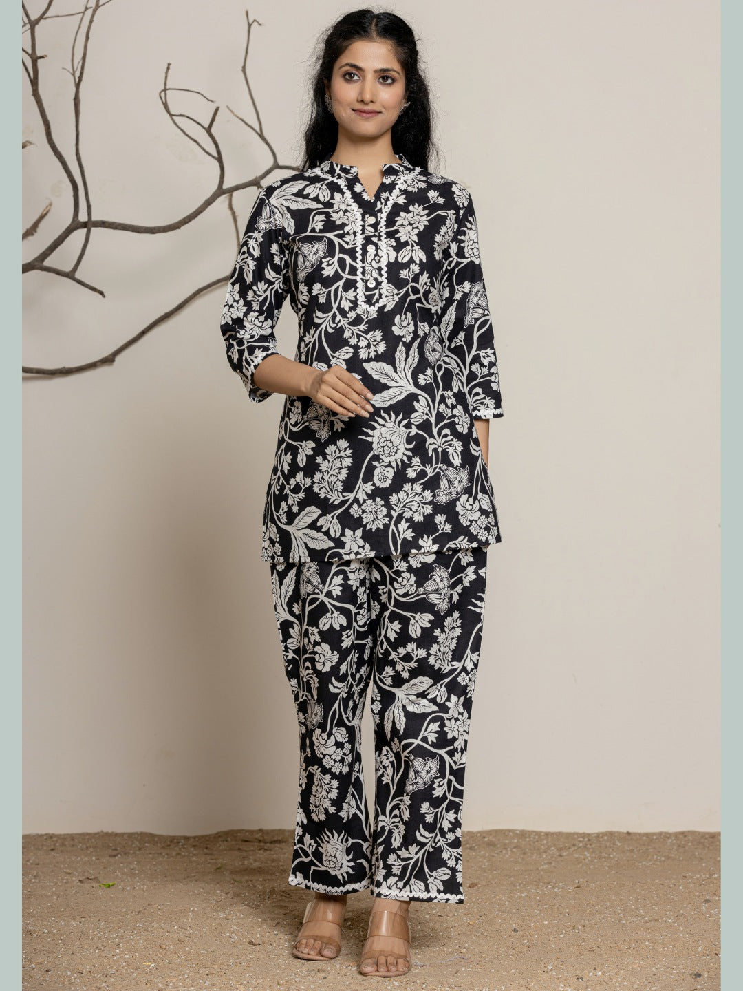 Floral Print Pure Cotton Collared Top and Pants Co-ord Set - Black