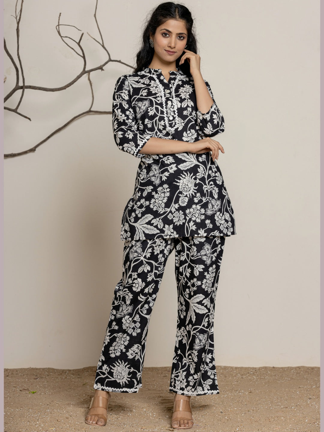 Floral Print Pure Cotton Collared Top and Pants Co-ord Set - Black