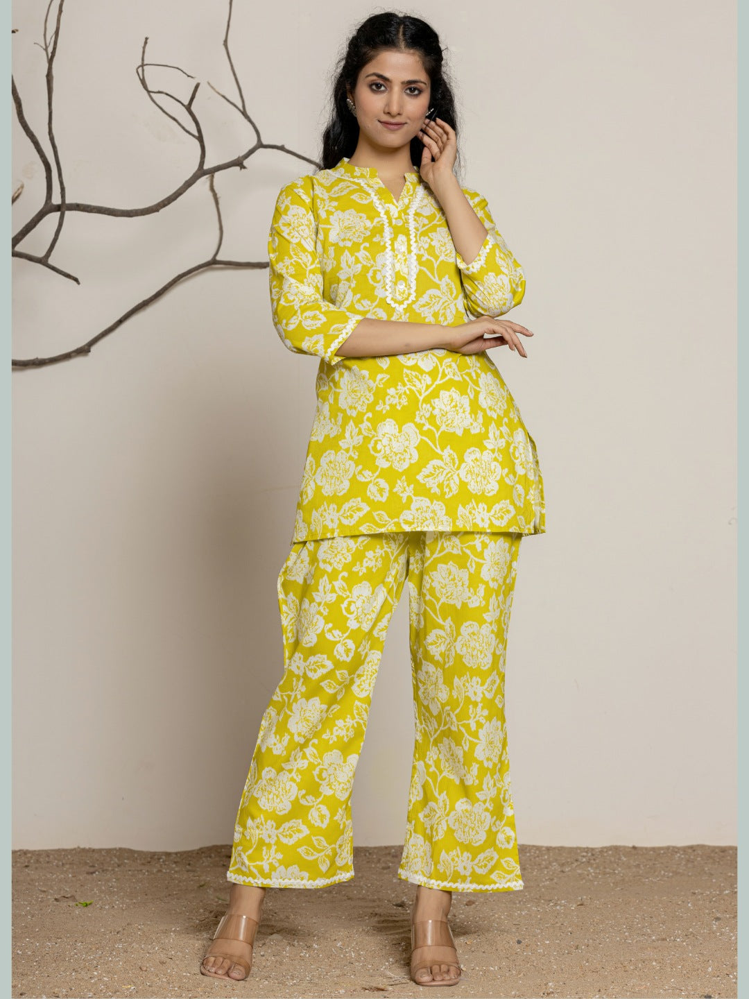 Floral Print Pure Cotton Collared Top and Pants Co-ord Set - Green