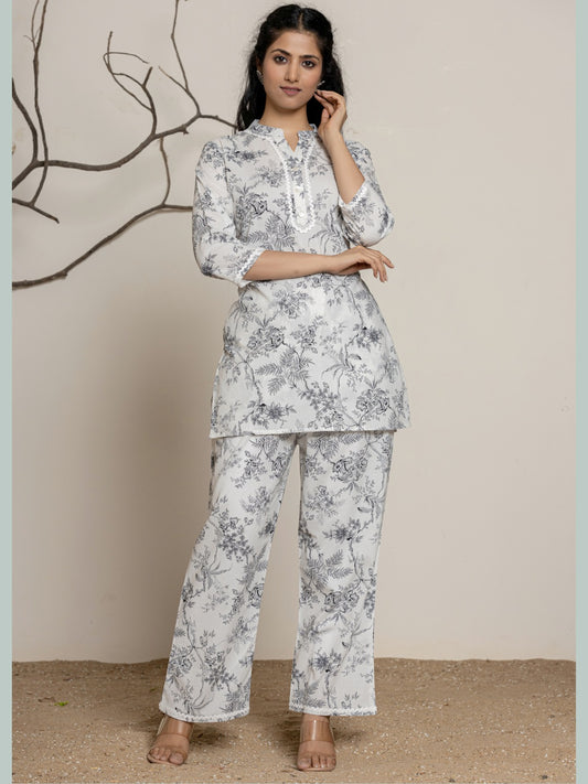 Floral Print Pure Cotton Collared Top and Pants Co-ord Set - White