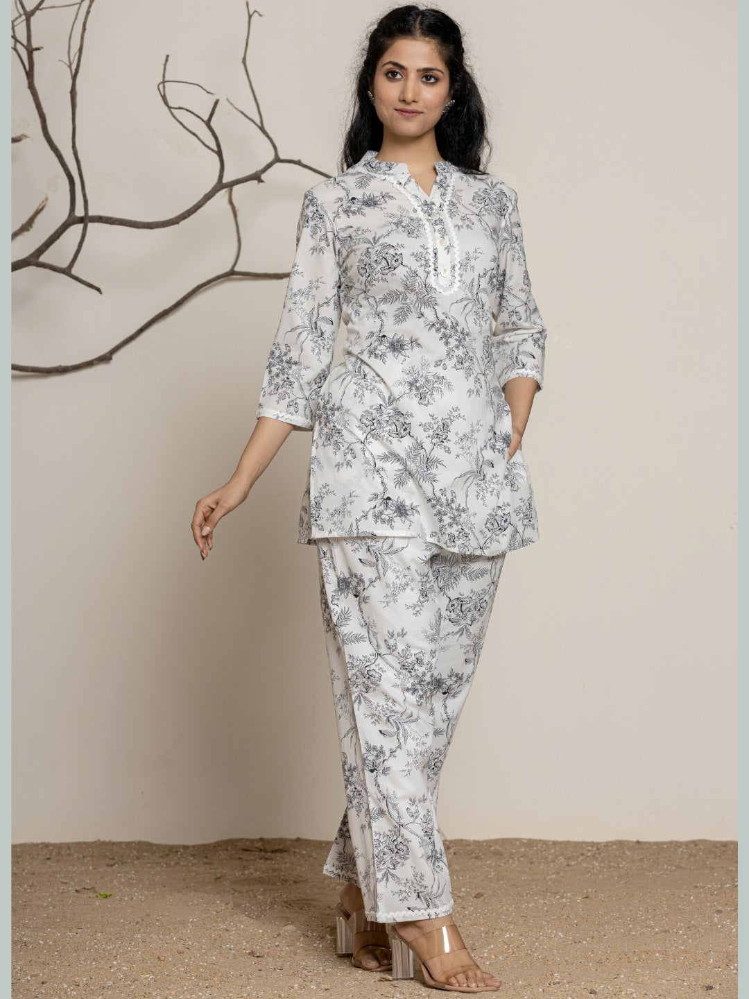 Floral Print Pure Cotton Collared Top and Pants Co-ord Set - White